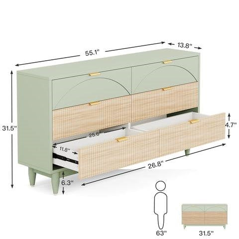 Retro Mid-Century Modern 6 Drawer Dresser Chest of Drawers in Mint Green - - Bedroom > Nightstand and Dressers