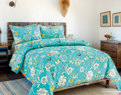 Tache Butterfly Wonderland Cotton Aqua Floral Duvet Cover (2142) - - Duvet Cover