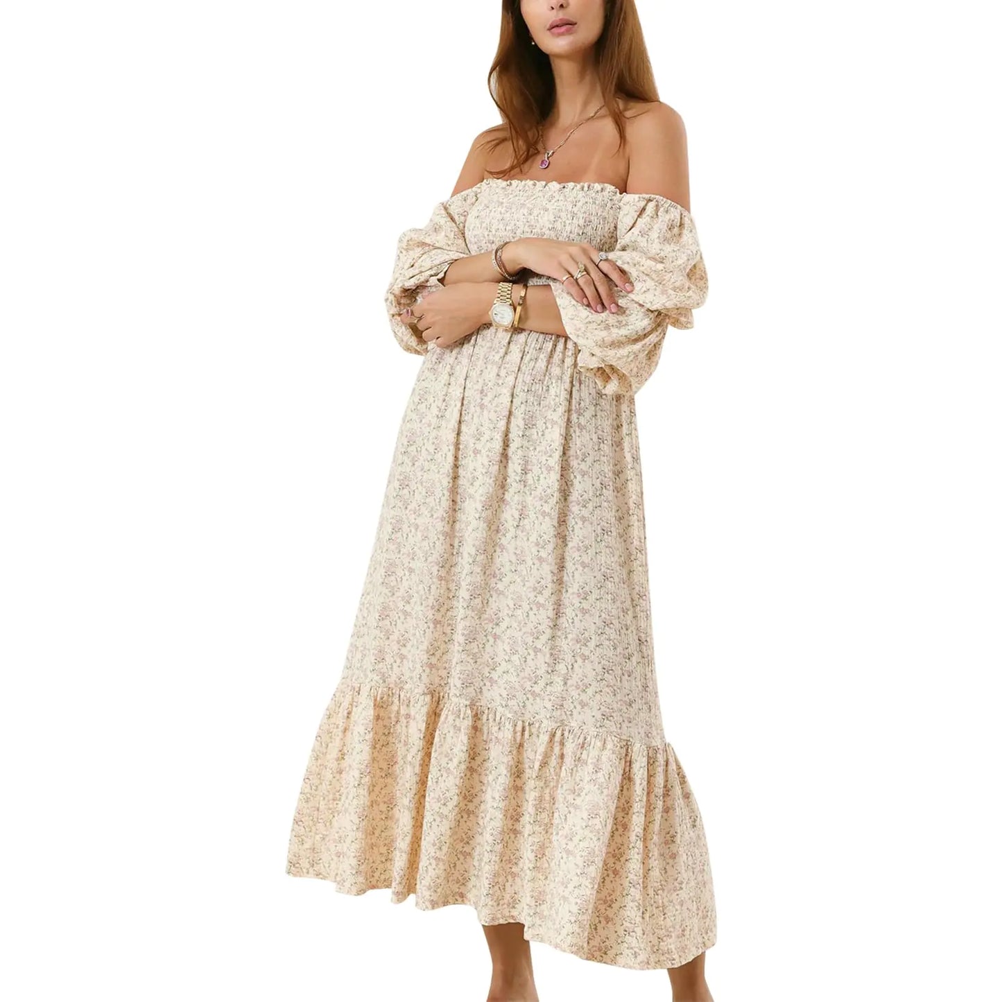 EFOGEP Floral Baby Shower Off Shoulder Puff Sleeve Smocked Dress - Apricot Large - dress