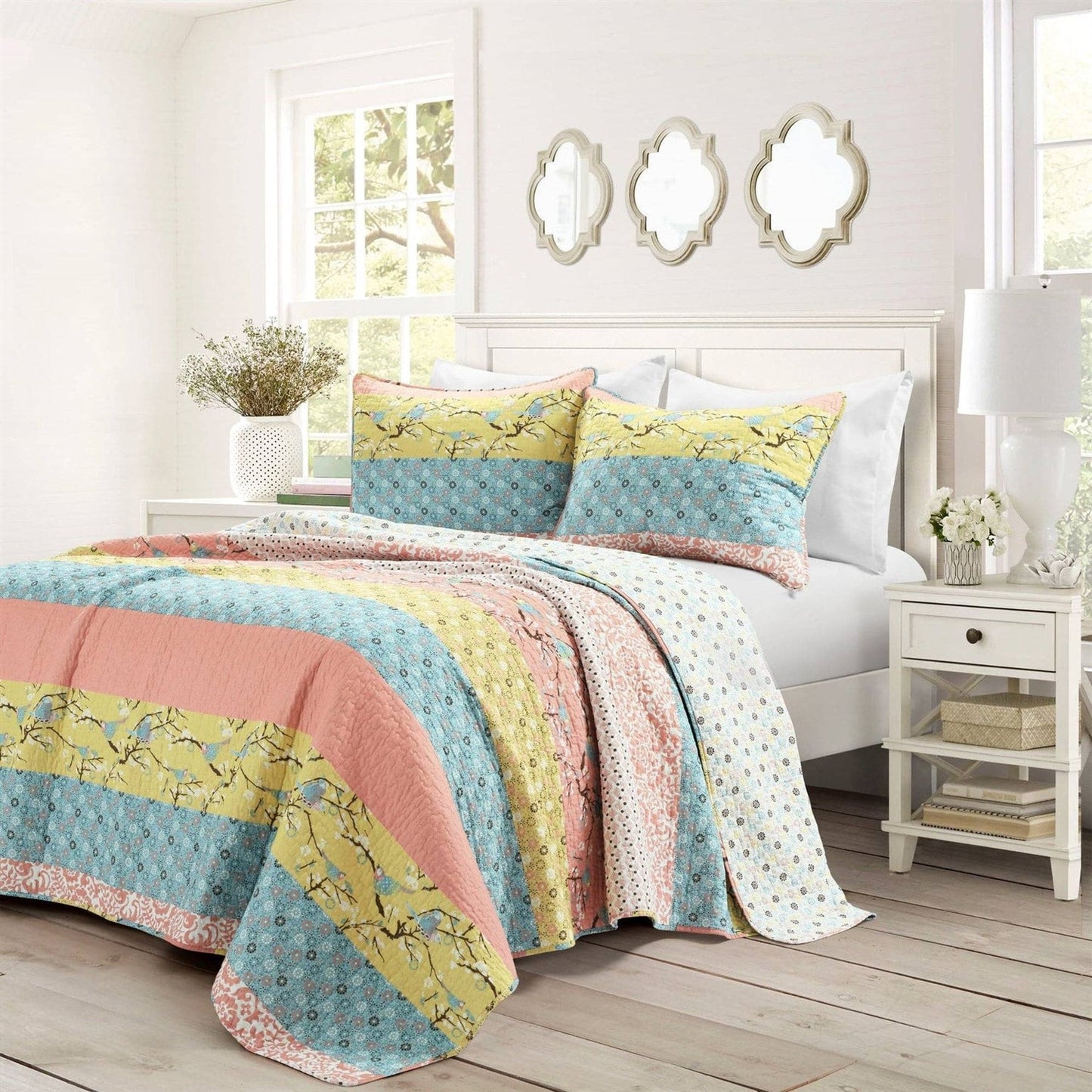 Full/Queen Blue Yellow Pink Ivory Boho Floral Reversible Lightweight Quilt Set - - Bedroom > Quilts & Blankets