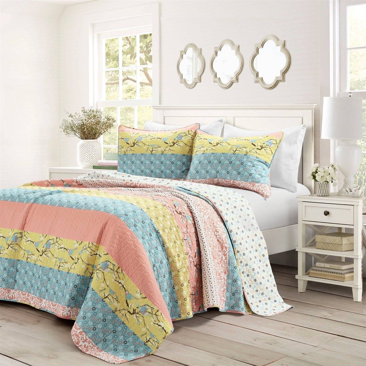Full/Queen Blue Yellow Pink Ivory Boho Floral Reversible Lightweight Quilt Set - - Bedroom > Quilts & Blankets