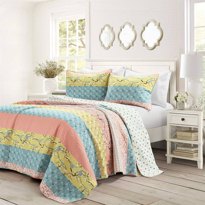 Full/Queen Blue Yellow Pink Ivory Boho Floral Reversible Lightweight Quilt Set - - Bedroom > Quilts & Blankets