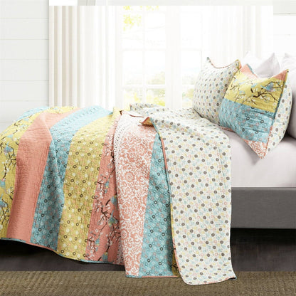 Full/Queen Blue Yellow Pink Ivory Boho Floral Reversible Lightweight Quilt Set - - Bedroom > Quilts & Blankets