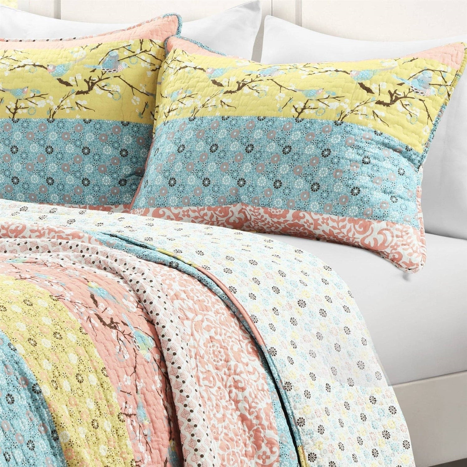 Full/Queen Blue Yellow Pink Ivory Boho Floral Reversible Lightweight Quilt Set - - Bedroom > Quilts & Blankets