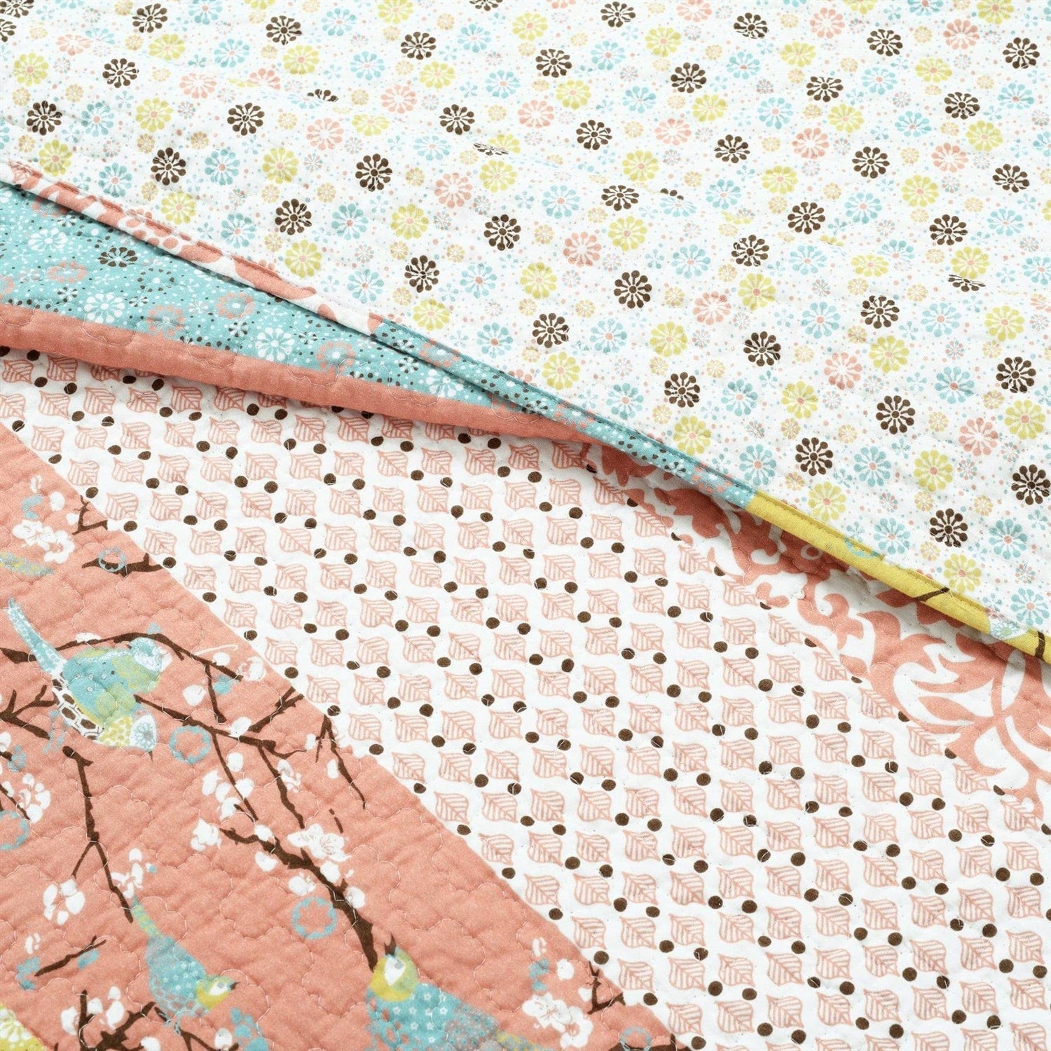 Full/Queen Blue Yellow Pink Ivory Boho Floral Reversible Lightweight Quilt Set - - Bedroom > Quilts & Blankets