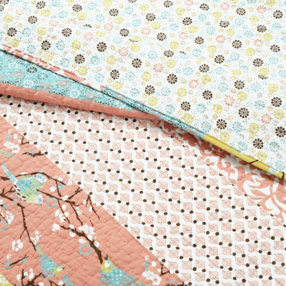 Full/Queen Blue Yellow Pink Ivory Boho Floral Reversible Lightweight Quilt Set - - Bedroom > Quilts & Blankets