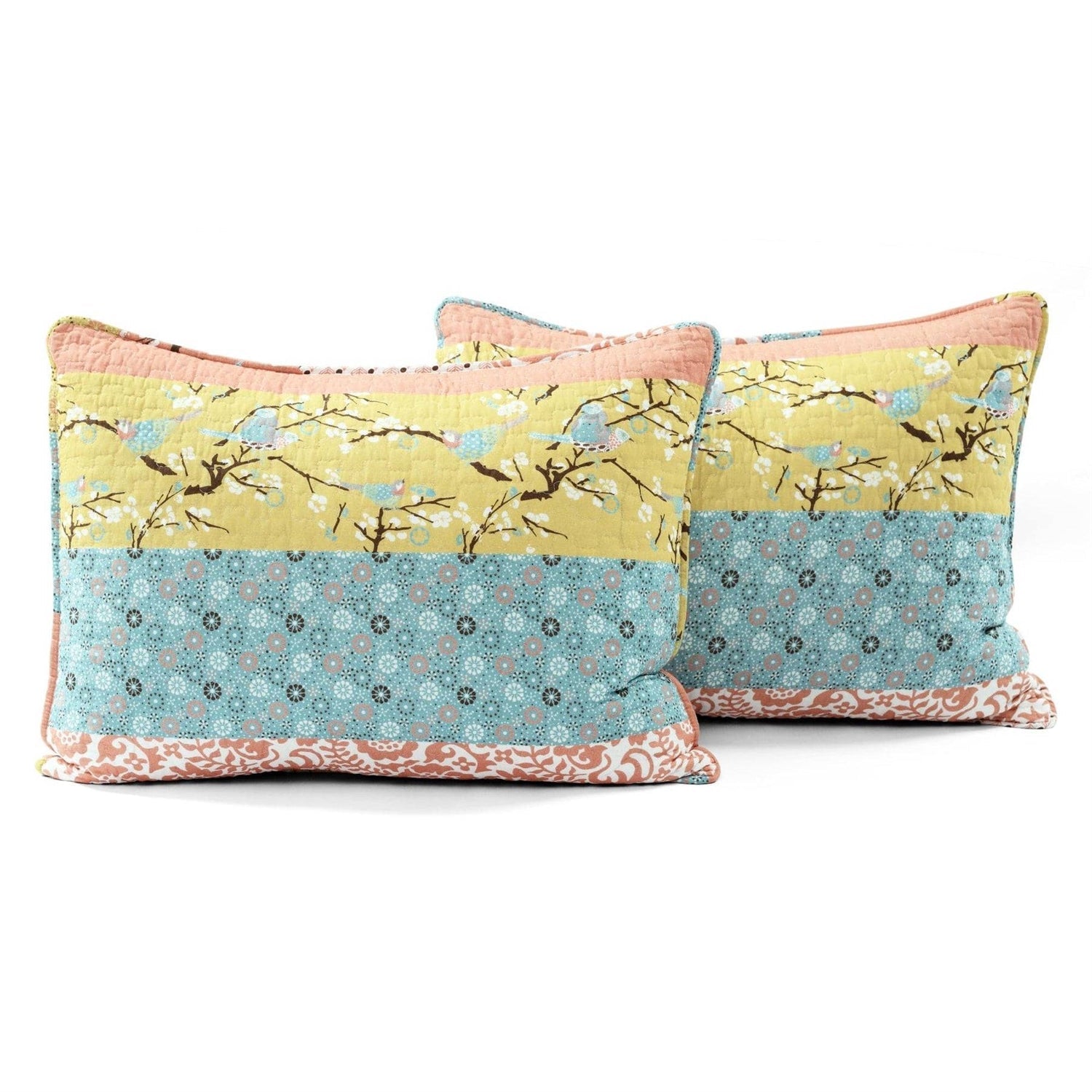 Full/Queen Blue Yellow Pink Ivory Boho Floral Reversible Lightweight Quilt Set - - Bedroom > Quilts & Blankets