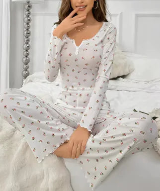 Floral Print Lettuce Edge Lace Collar Button Pajamas - Kia Day Design