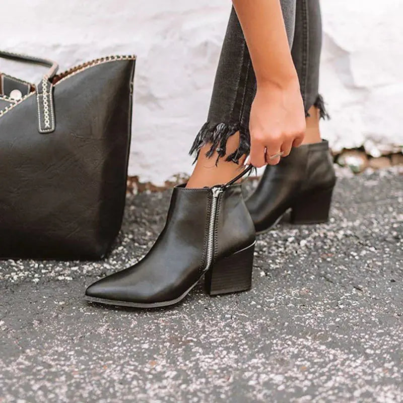Chunky Heel Zip Up Martin Boots - Black - heeled boots