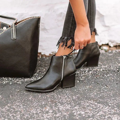 Chunky Heel Zip Up Martin Boots - Black - heeled boots