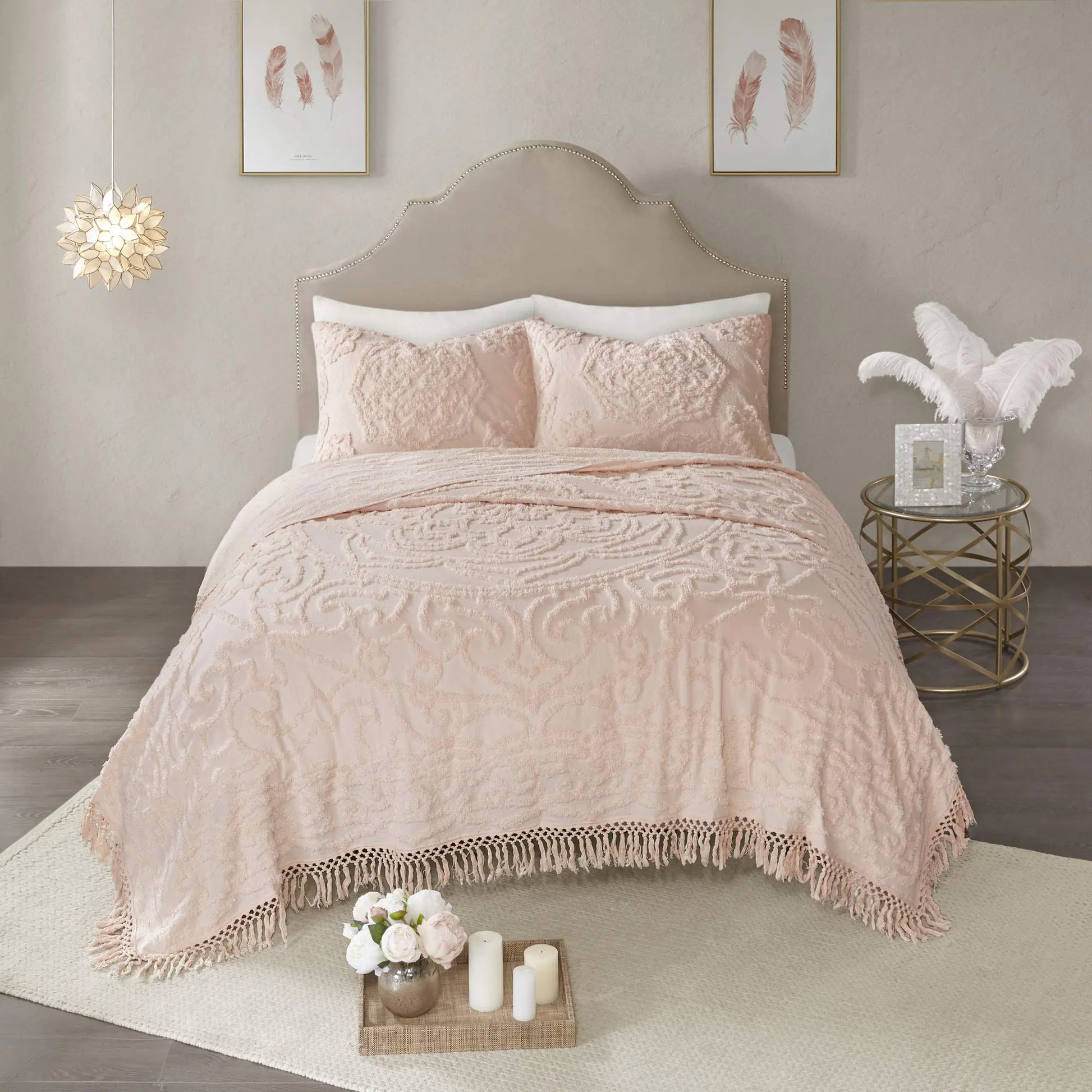 Madison Park Laetitia Cotton Chenille Tufted Medallion Design Sham Floral Blush w/ Tassels 3 Piece Set - Laetitia Blush Coverlet King California King - bedding set