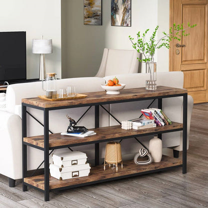 Industrial 55-inch Wood Shelf Console Sofa Table with Sturdy Black Metal Frame - - Living Room > Console & Sofa Tables