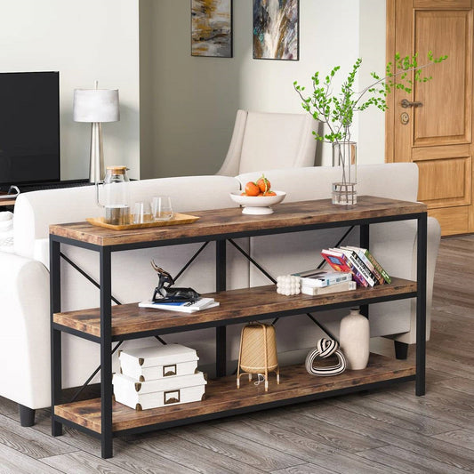 Industrial 55-inch Wood Shelf Console Sofa Table with Sturdy Black Metal Frame - - Living Room > Console & Sofa Tables