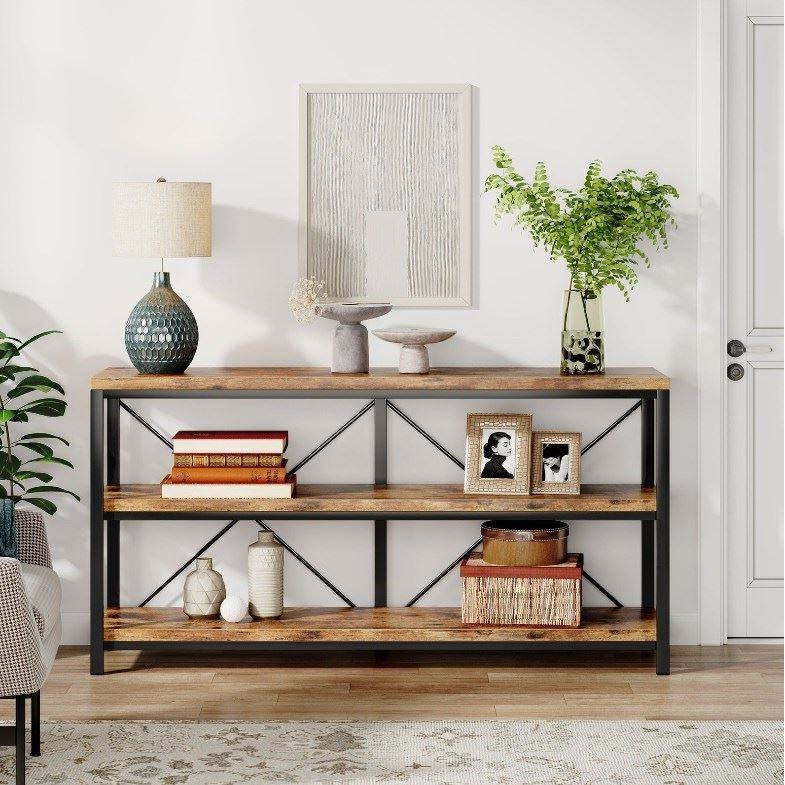 Industrial 55-inch Wood Shelf Console Sofa Table with Sturdy Black Metal Frame - - Living Room > Console & Sofa Tables