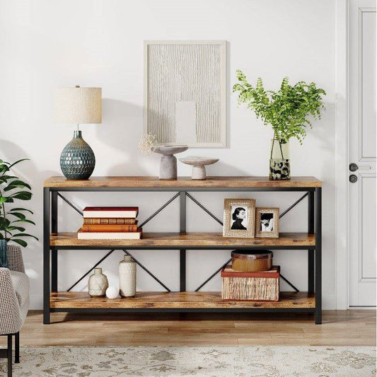 Industrial 55-inch Wood Shelf Console Sofa Table with Sturdy Black Metal Frame - - Living Room > Console & Sofa Tables