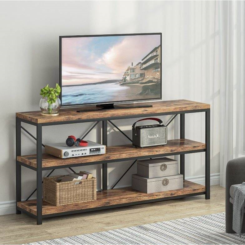 Industrial 55-inch Wood Shelf Console Sofa Table with Sturdy Black Metal Frame - - Living Room > Console & Sofa Tables