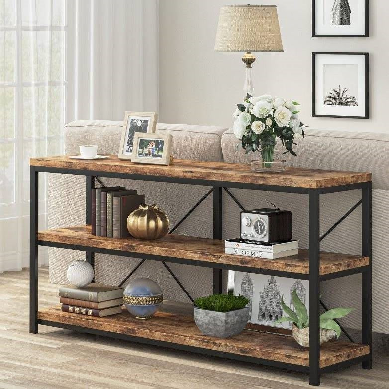 Industrial 55-inch Wood Shelf Console Sofa Table with Sturdy Black Metal Frame - - Living Room > Console & Sofa Tables