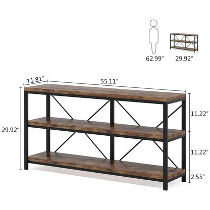 Industrial 55-inch Wood Shelf Console Sofa Table with Sturdy Black Metal Frame - - Living Room > Console & Sofa Tables