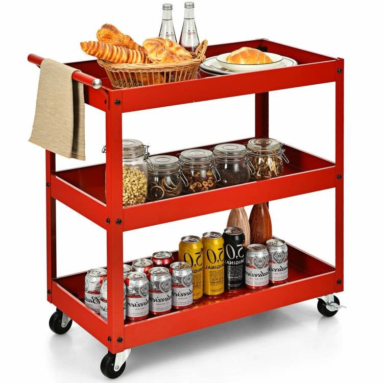 Red Steel Frame Kitchen Serving Utility Cart on Wheels with 2 Bottom Shelves - - Kitchen > Kitchen Carts