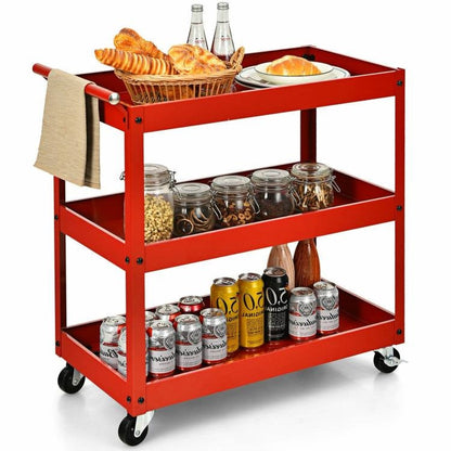 Red Steel Frame Kitchen Serving Utility Cart on Wheels with 2 Bottom Shelves - - Kitchen > Kitchen Carts