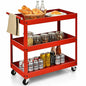 Red Steel Frame Kitchen Serving Utility Cart on Wheels with 2 Bottom Shelves - - Kitchen > Kitchen Carts