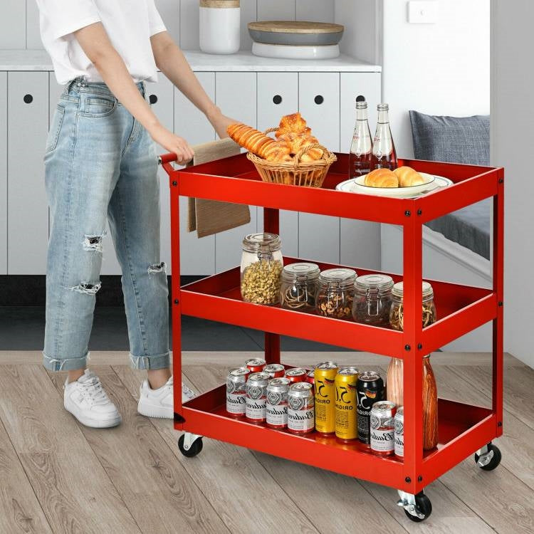 Red Steel Frame Kitchen Serving Utility Cart on Wheels with 2 Bottom Shelves - - Kitchen > Kitchen Carts