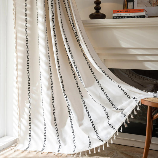 White and Black 72-Inch-Long Textured Embroidered Stripe Panel Curtain W52 x L72 - Kia Day Design