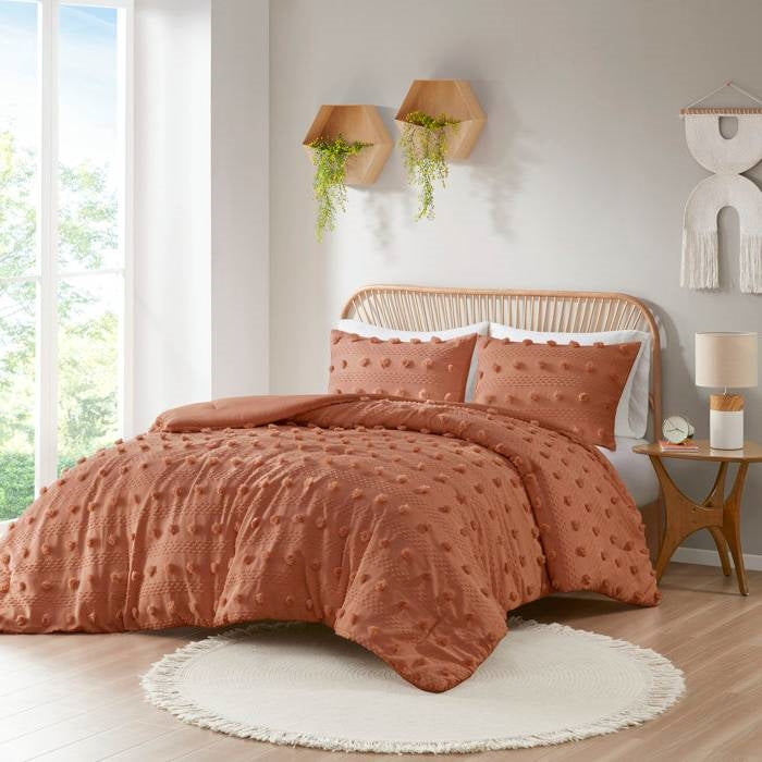 Full/Queen 3-Piece Rust Orange Pompom Microfiber Comforter Set - - Bedroom > Comforters and Sets