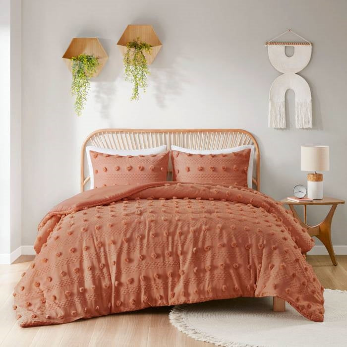 King / California King 3-Piece Rust Orange Pompom Microfiber Comforter Set - - Bedroom > Comforters and Sets