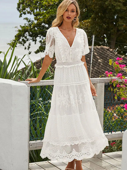 Hollow Out White Lace Long Dress - Kia Day Design