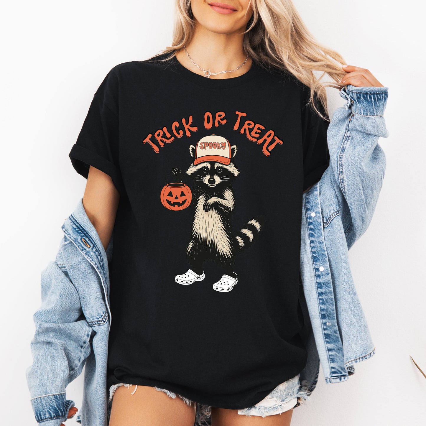 Raccoon Trick Or Treat Halloween Spooky Cute Playful Night Time Creature Graphic Tee - Black - T-Shirt