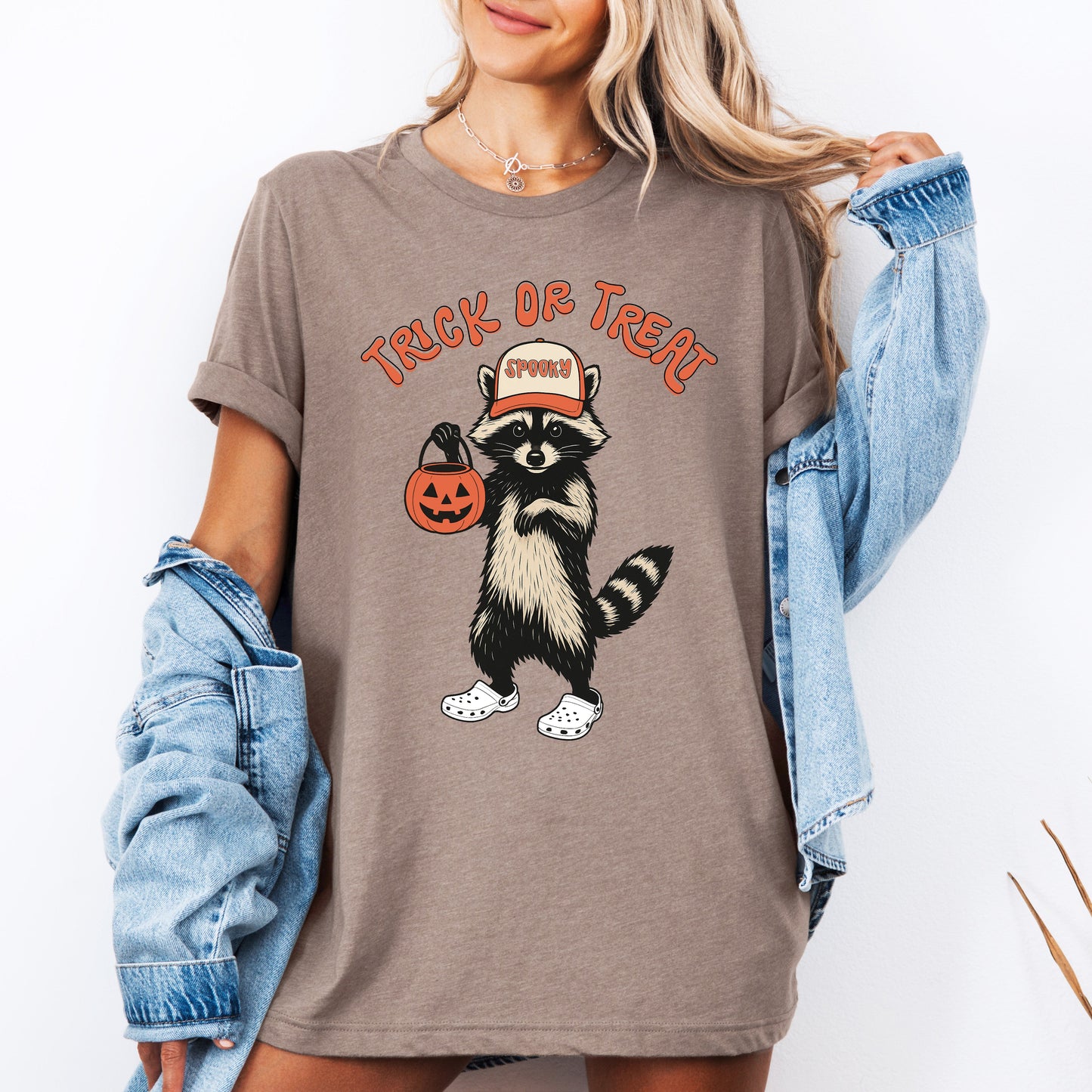 Raccoon Trick Or Treat Halloween Spooky Cute Playful Night Time Creature Graphic Tee - Brown - T-Shirt