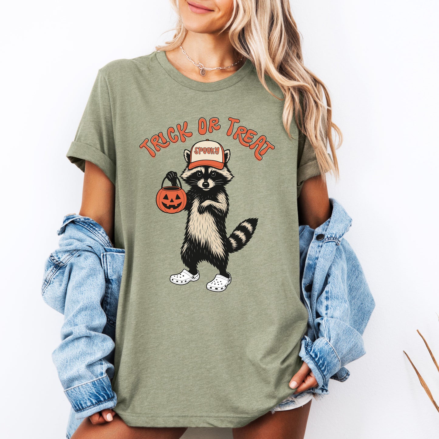 Raccoon Trick Or Treat Halloween Spooky Cute Playful Night Time Creature Graphic Tee - Sage - T-Shirt