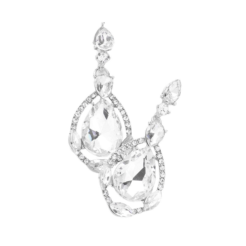 Crystal Rhinestone Teardrop Evening Earrings - Rhodium - Earrings