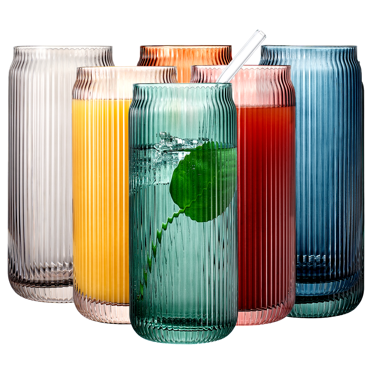 Tonal Ribbed Soda Can Highball Glassware & 6 Glass Straws, Set of 6 - - Highball