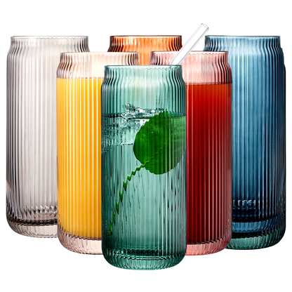 Tonal Ribbed Soda Can Highball Glassware & 6 Glass Straws, Set of 6 - - Highball