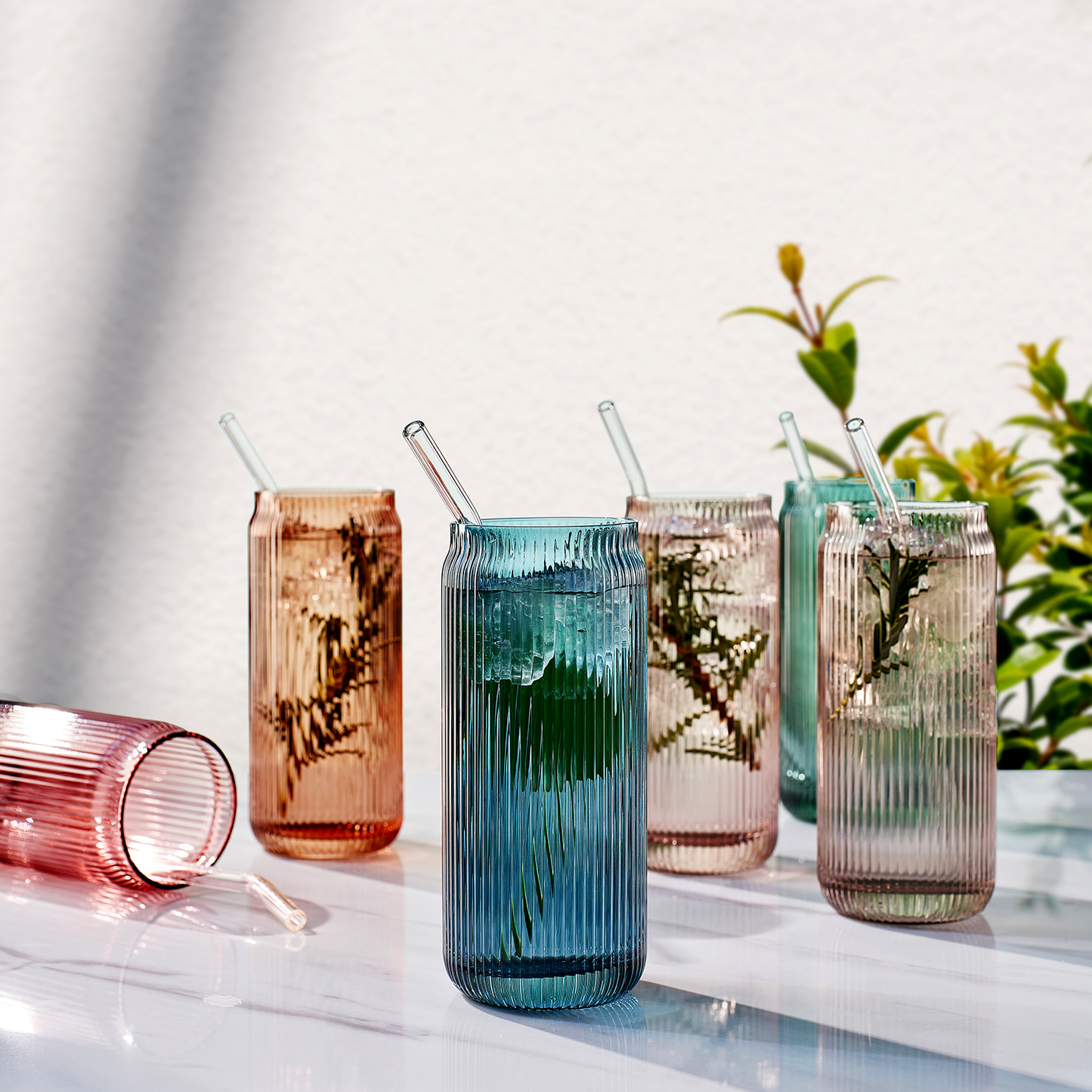 Tonal Ribbed Soda Can Highball Glassware & 6 Glass Straws, Set of 6 - - Highball