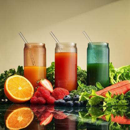 Tonal Ribbed Soda Can Highball Glassware & 6 Glass Straws, Set of 6 - - Highball