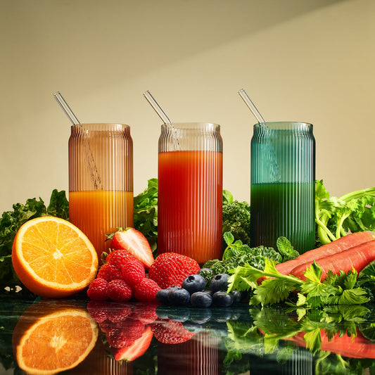 Tonal Ribbed Soda Can Highball Glassware & 6 Glass Straws, Set of 6 - - Highball