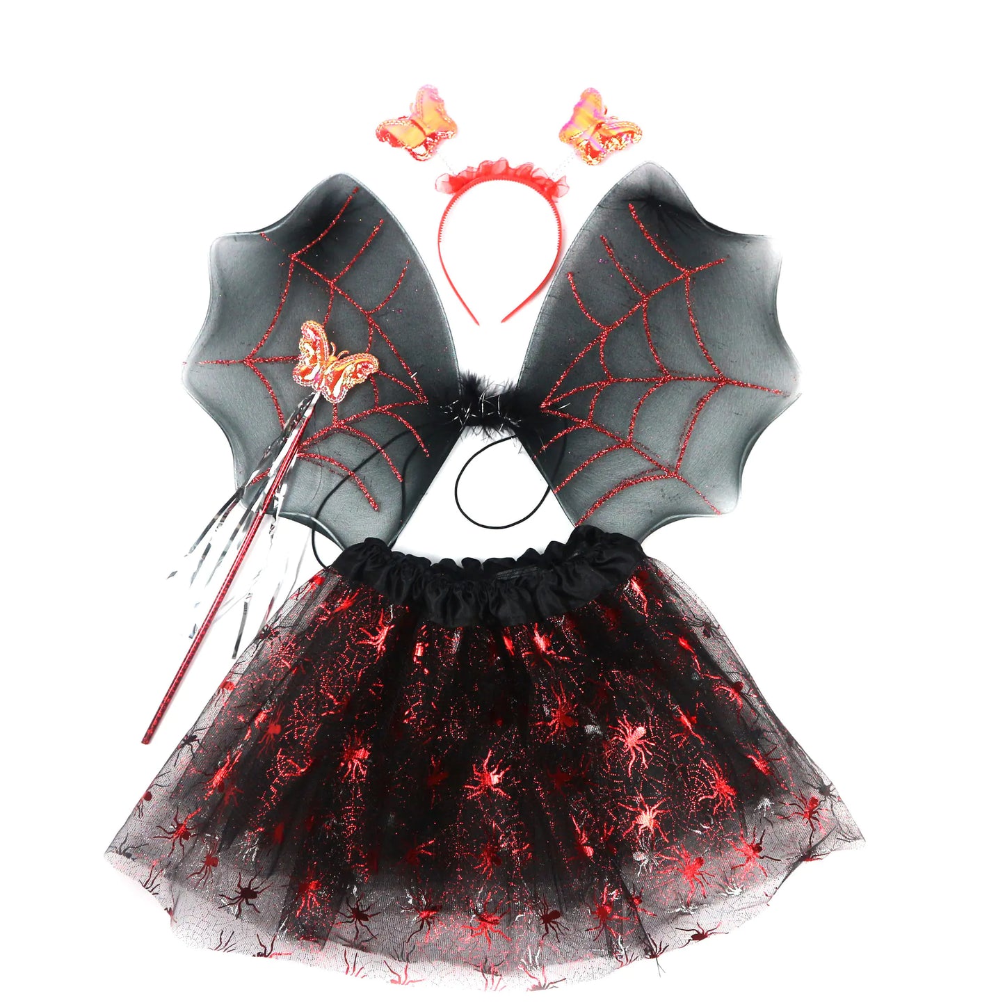 Halloween Red Spider Tutu Skirt with Wings Set for Girls - Red 100cm - costume