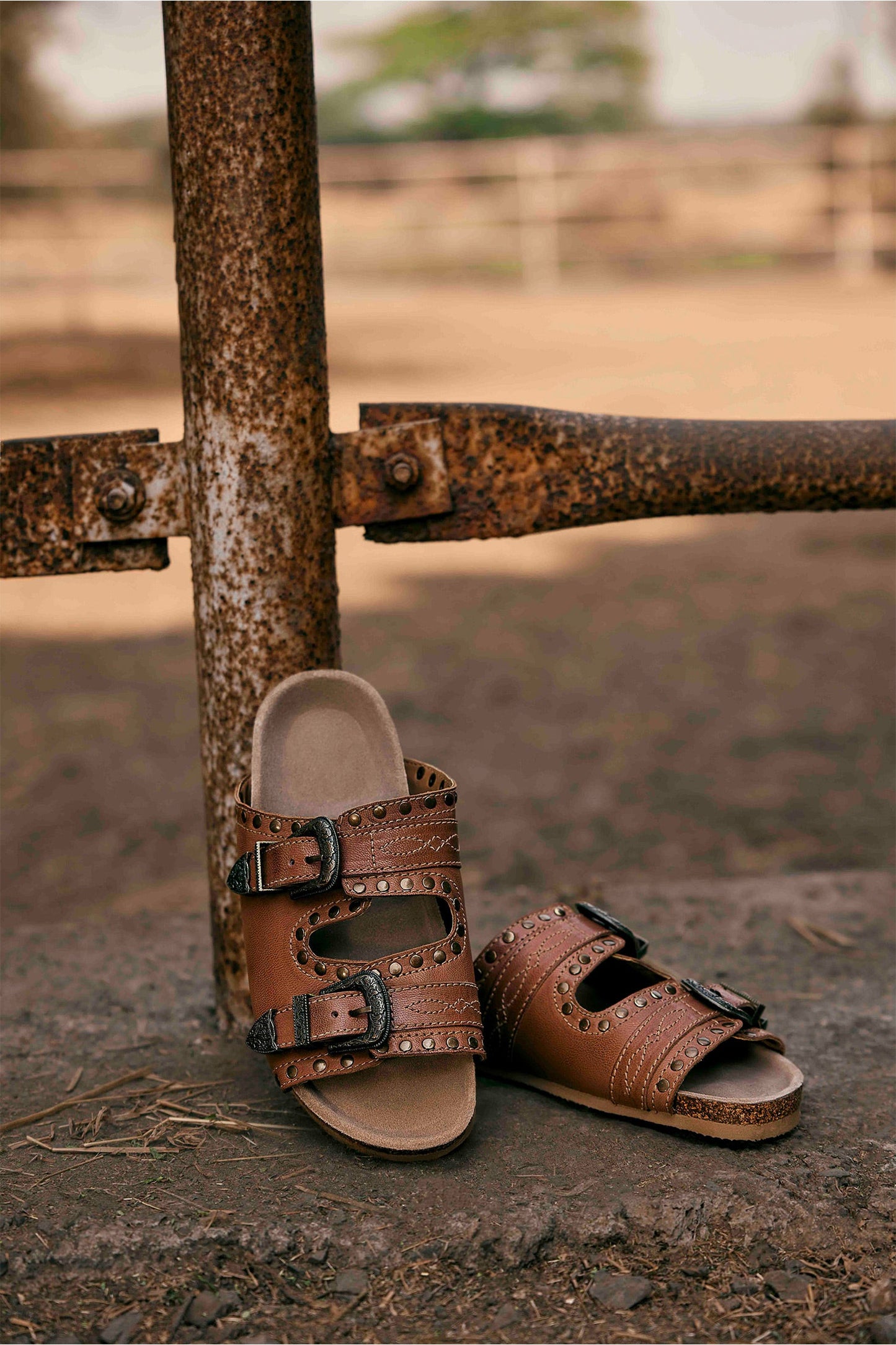 Myra Great Sonora Sunset Studded Leather Sandals for Women – Cork Sole, Antique Brass Dual Buckles for All-Day Comfort- Myra USA- {{Product type}}