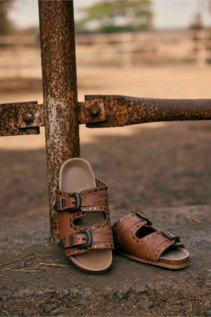 Myra Great Sonora Sunset Studded Leather Sandals for Women – Cork Sole, Antique Brass Dual Buckles for All-Day Comfort- Myra USA- {{Product type}}
