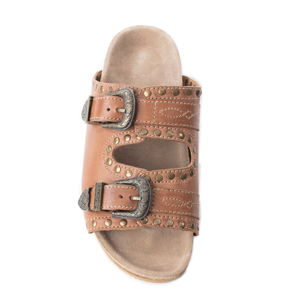 Myra Great Sonora Sunset Studded Leather Sandals for Women – Cork Sole, Antique Brass Dual Buckles for All-Day Comfort- Myra USA- {{Product type}}
