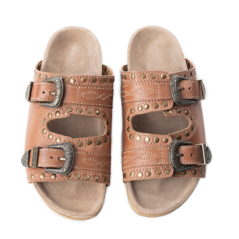 Myra Great Sonora Sunset Studded Leather Sandals for Women – Cork Sole, Antique Brass Dual Buckles for All-Day Comfort- Myra USA- {{Product type}}