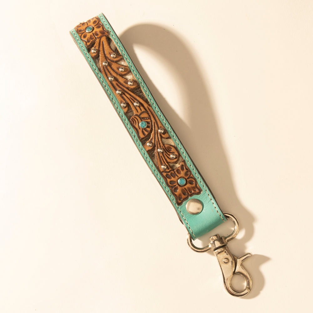 Myra River Glen Handtooled Hairon Leather Key Fob in Aqua Saddle- Myra USA- {{Product type}}
