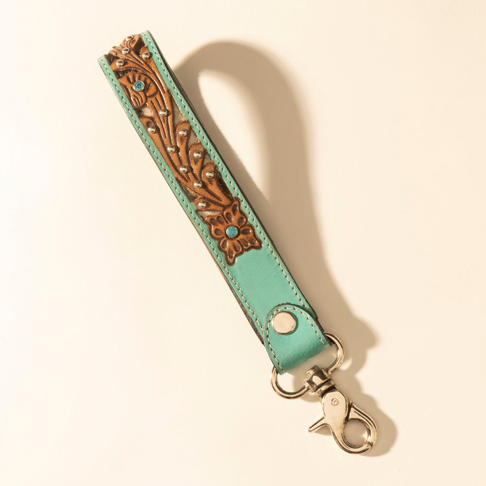 Myra River Glen Handtooled Hairon Leather Key Fob in Aqua Saddle- Myra USA- {{Product type}}