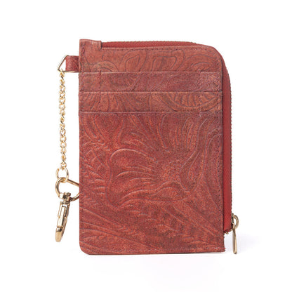 Myra Summer Grove Embossed Leather Credit Card Holder in Burnt Crimson- Myra USA- {{Product type}}