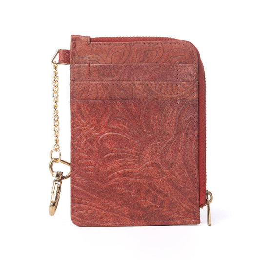 Myra Summer Grove Embossed Leather Credit Card Holder in Burnt Crimson - - Wallets