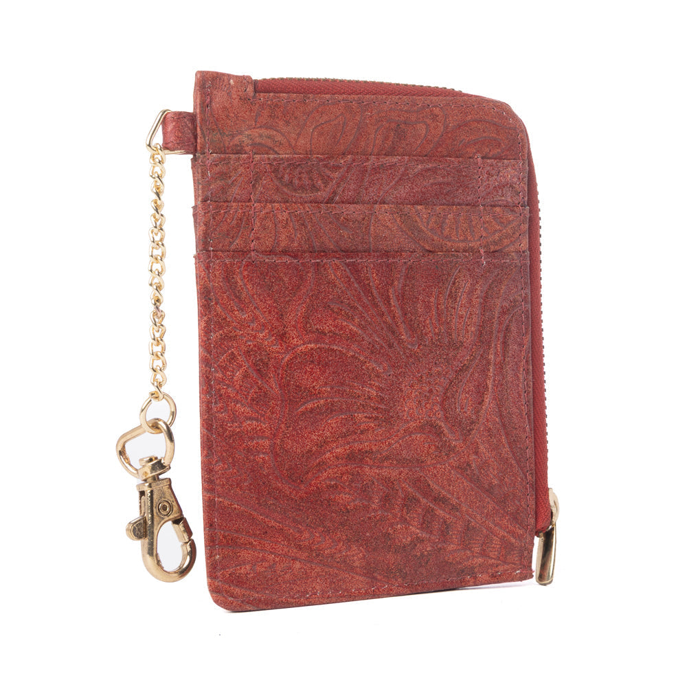 Myra Summer Grove Embossed Leather Credit Card Holder in Burnt Crimson- Myra USA- {{Product type}}
