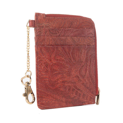 Myra Summer Grove Embossed Leather Credit Card Holder in Burnt Crimson- Myra USA- {{Product type}}